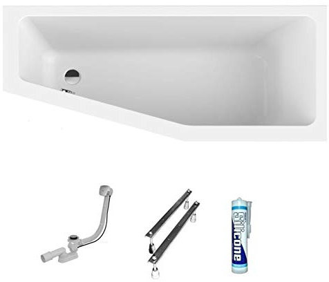 ECOLAM® raumsparende Badewanne Eckwanne Acryl weiß Keos 160x70 cm RECHTS + Ablaufgarnitur Ab- und Überlauf Automatik Füße Silikon mit Antirutsch-Oberfläche