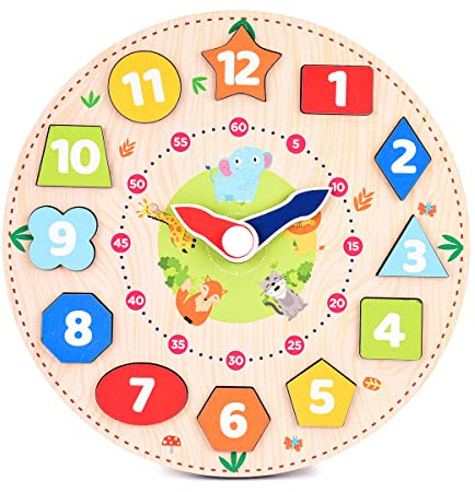 Webby Holzuhr für die frühe Bildung (12 Teile, Mehrfarbig) | Sortierspielzeug für Kinder zum Sortieren von Zeit und Formen | Uhrzeit Lernen | Entwickelt Feinmotorik und Farberkennung
