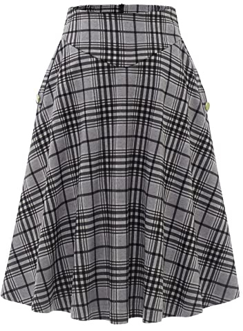 BBONL INEDRESS kjol dam lång vintage elegant pläd vinterkjol varm elastisk midja en linje kjolar casual hög midja midi kjol, Svart grå pläd, S