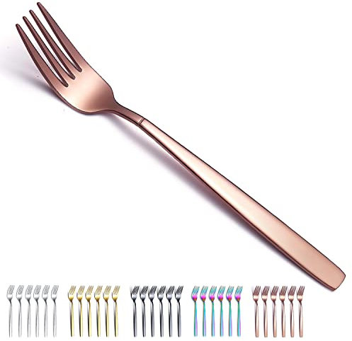 Rose gold Dinner Forks 6 Pieces, Kyraton Titanium Rose gold Plated Stainless Steel 19.5cm Table Forks Cutlery Forks Set, Silverware Set, Dishwasher safe.
