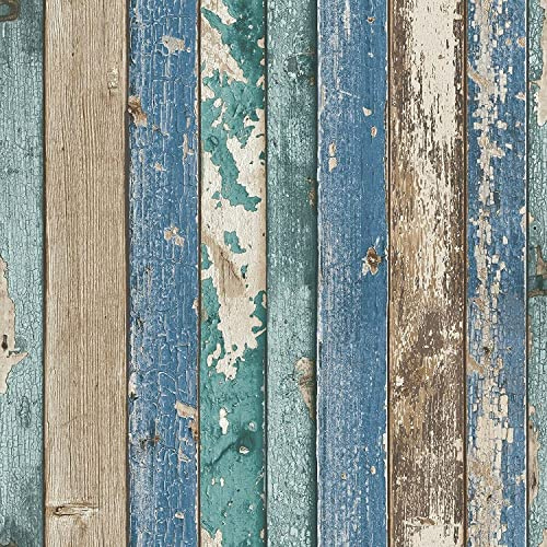 SOPHIE LAURENCE Rustic Wood Distressed Plank Effect Realistic Wood Wallpaper for Bedroom Bathroom Living Room (Sample - Blue Cabin Beige)