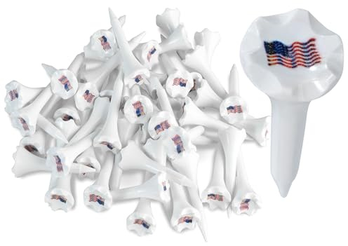 NorthPointe 1 ½” Plastic Golf Tees – Short Tees for Irons, Par Threes, Hybrids, and Driving Range - Pack of 50 or 100 Bulk in High Visibility White Durable Plastic (50, USA American Flag, 1 1/2)
