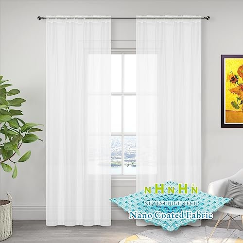 NHNHN Nano Material Coated Voile Sheer Curtains 2 Panles for Living Room Bedroom Kitchen Room Children's Room, 52 Wide x 84 Drop (W132 x H215cm, White)