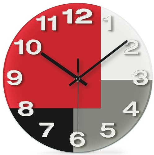 12in Abstract Geometric Red Black Glass Wall Clock Home Kitchen Decor