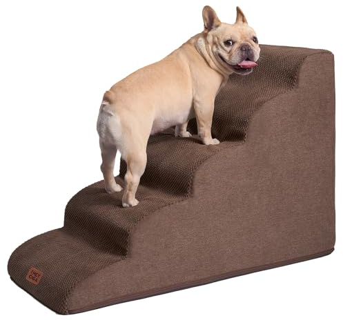 EHEYCIGA Curved Dog Steps for High Bed 57cm H, 5-Step, Brown | High Density Sturdy Foam, Non-Slip Bottom and Surface, Removable Washable Cover, For Small Dogs and Cats, For Sofa and Bed