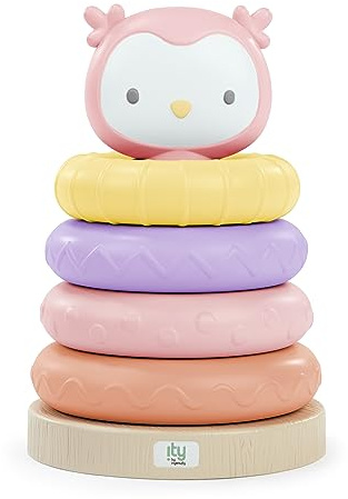 Ingenuity: ity by Ingenuity, Jouets à empiler Cutie Stacks, Nally, 4 anneaux sans BPA, support en faux bois, hibou, unisexe, à partir de 6 mois