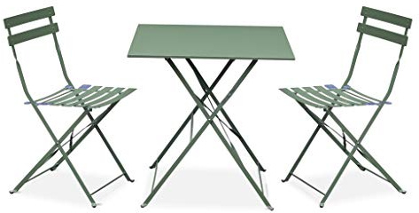sweeek-Set Mesa de jardín bistró Plegable de Acero con 2 sillas, 70cm Verde grisáceo - 70x70x71 cm