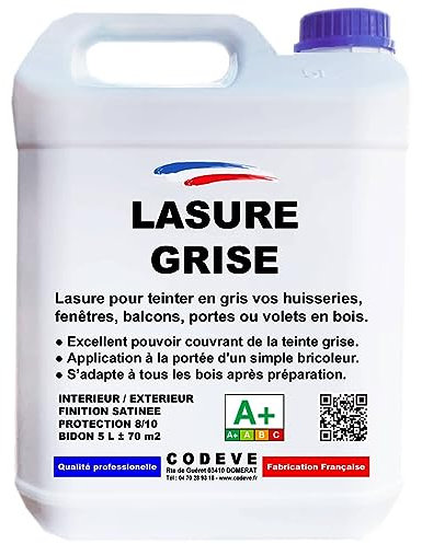 Lasure Grise - Codeve Bois - 5 L - Intérieur/extérieur - Pour La Déco En Gris D'un Volet, Persienne, Fenêtre Ou Bardage Bois.