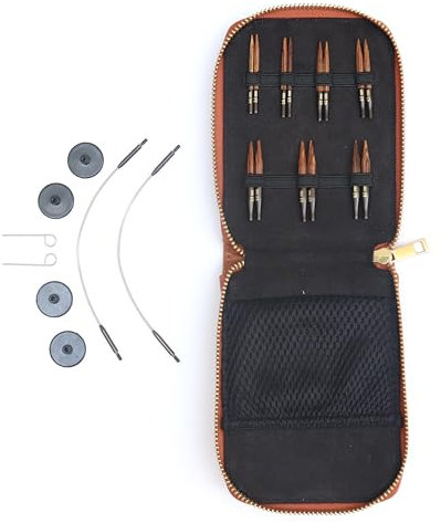 KnitPro Ginger Knitting Needle Set - Mini Interchangeable Pins, 2 25cm Cables, End Caps, Cable Keys, Faux Leather Case, 3,3.5,4,4.5,5,5.5,6mm