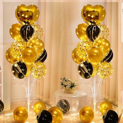 2 Stück Luftballon Ständer Kit, 1.3 m Ballonhalter LED, Ballonständer, Luftballons Halter mit Gold Schwarz Balloon, Wiederverwendbar Luftballonständer für Hochzeit Party Geburtstage Feste Dekoration