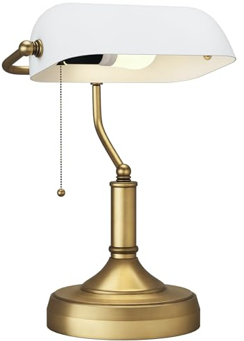 HOMCOM Banker's Table Lamp Desk Lamp with Antique Bronze Tone Base, White Glass Shade and Pull Rope Switch for Home Office, Living Room, Bedroom, Dining Room, White