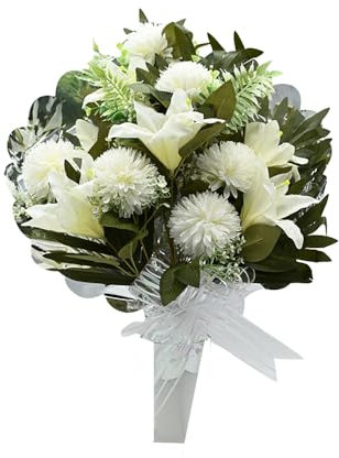 PLUS HOME Flores Artificiales: Elegancia Duradera: Ramo Artificiales para Cementerio, Nichos y Sepulturas,Más de 30 Diseños tamaño aproximado 58x45cm,Botes con Liliums Artificiales.