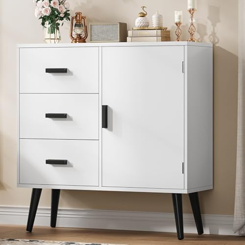 TEENFON White Storage Cabinet with Adjustable Shelf & 3 Drawers, Small Bathroom Cabinet with Door, Freestanding Floor Storage Unit for Living Room, Home Office, White