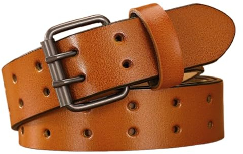 AGUTALITHIC Cinturón Hebilla De Doble Puntas, Correa De Cuero para Jeans con 2 Agujeros 3,2cm De Ancho Cinturones De Vestir para El Trabajo para Hombres Y Mujeres(110cm/43, Khaki)