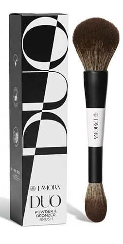 Lamora Poudre + Bronzer Pinceau Maquillage Double - Pinceau Maquillage Duo Moelleux Visage pour Compacte ou Libre Poudre Bronzer Highlighter Blush - Vegan, Sans Cruauté & Poils Synthétiques