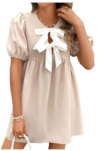 SweatyRocks Women's Bow Puff Short Sleeve Dress Tie Front A Line Babydoll Dresses Multicolor Medium