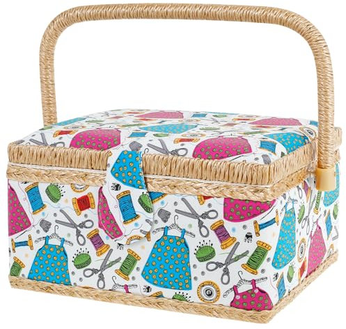 Sewing Basket with Removable Tray, Interior Pocket and Adjustable Handle, 24×17.5×13 cm Large Sewing Box Stylish Portable Sewing Kit Storage and Organizer Case for Needles Thread Tape Measure(colour)