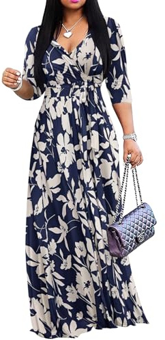 Yajedo Women's Maxi Dress 3/4 Sleeves V Neck Cocktail Party Belted Wrap Sundress Floral Print 3/4 Sleeve Long Maxi Dresses