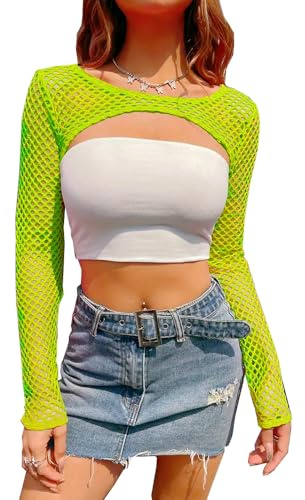 CHILIRIA kvinnor nättopp sexig Y2k fisknät Shrugs urholkning bolero tröja virka cover up club party, Neon, M