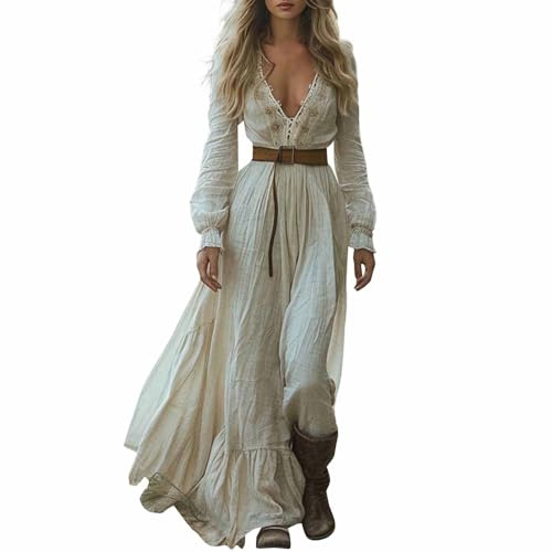 Ycbmingcan Robe longue pour femme - Style vintage rustique bohème - Col en V - Robe à motif floral - Taille haute - Maxi robe décontractée - Printemps - Manches longues - Robe bohème western country
