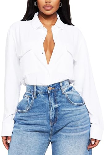 Navneet Women White Shirts Button Up Blouse Oversized Shirts Collar Blouse Casual Going Out Tops Office Wear White M