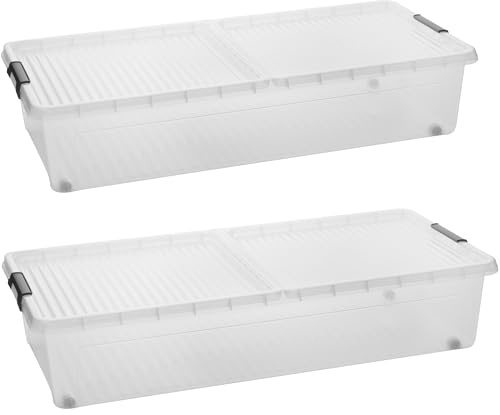 SUSTANIA Lot de 2 boîtes de rangement sous le lit - En plastique transparent avec couvercle et poignées de fermeture pour un rangement peu encombrant sous le lit