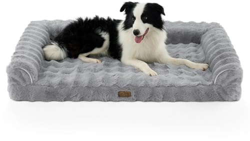 COZY KISS Faux Fur Orthopedic Dog Bed, Foam Pet Sofa with U-Shape Bolster, Washable Dog Couch with Removable Flannel Cover, Squre Pet Bed with Anti-Slip Bottom, Clearance, Gray, XXL(48 * 32 * 8inch)