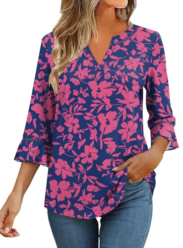 Kistore Womens Tops 3/4 Sleeve Tunic Summer T Shirts V-Neck Work Shirt Dressy Casual Blouses Blue Red Floral XL
