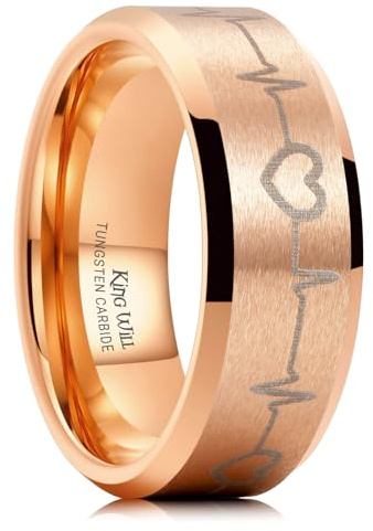 King Will Anello nuziale in carburo di tungsteno, 8 mm, per uomini, donne e coppie, con inserto a cuore, superficie lucida, vestibilità confortevole, 62.2 (19.8), Metallo non prezioso, Non pietra