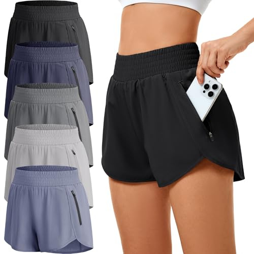 miijoory Lot de 5 shorts de sport courts pour femme - Avec poche zippée - Pour l'été - Pour la course à pied, le yoga, la course, le fitness, la course à pied