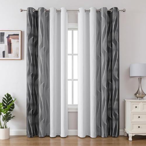 Gazal Vole Ombre Room Darkening Curtains – Modern Gradient Eyelet Drapes with Wave Line Pattern, 87 Inch Drop, 80-90% Darken Light for Living Room & Office (Dark Grey+White)-W 55 x L 87 inch