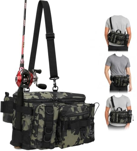 Yaskyly Bolsa de Pesca, Mochila Pesca y Accesorios con Cinturón y Correa Acolchada de Hombro Bolsa de Pesca de Cintura Resistente Colorido Rayas Reflectantes para Senderismo Ciclismo Pesca Camping
