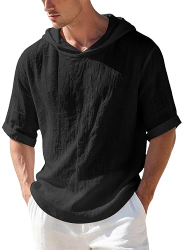 Camisa de algodón y lino para hombre, camiseta de manga corta, cuello con capucha, ropa informal, color liso, ajuste holgado, estilo playa, color blanco