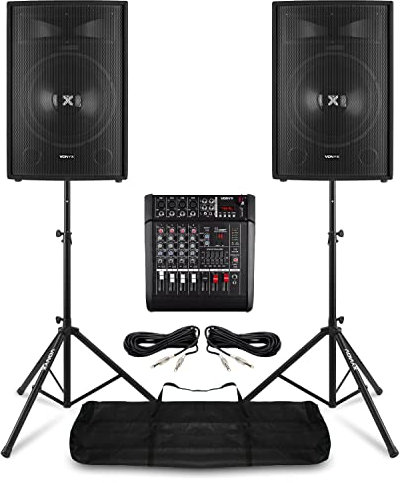 Vonyx 15 PA System Package – 2x Passive Speakers, 5-Channel Mixer Amp with Bluetooth, 2 Speaker Stands, Cables – Complete PA Set for Bands, Singers, Events, Church Audio, Mobile DJ, Live Sound