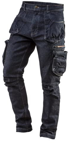 NEO TOOLS Herren Arbeitshose Denim, lang, 8 Pockets, Gr. XS-3XL, verstärkte Nähte, ausprofilierter Kniebereich, Mischgewebe 98% Baumwolle, 2% Elasthan 410 g/m2, Multifunktionstaschen, Cargo-Optik