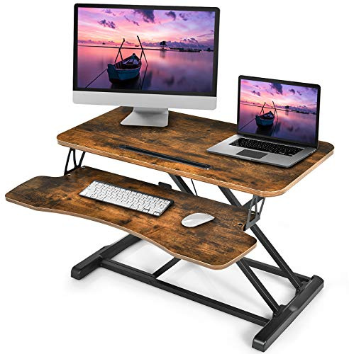 GIANTEX Soporte de Escritorio para Estar Sentado o de Pie, Altura Ajustable con Bandeja para Teclado y Soporte para Tableta, con Muelle de Gas, 80 x 64 x 11-50,5 cm (Marrón)
