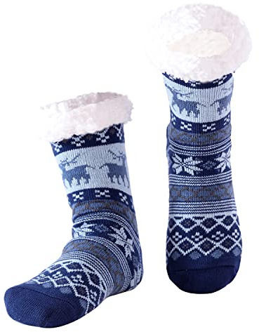 Hisonwel Hüttensocken Herren Winter, Dicke Pantoffel Socken, Rutschfeste Hausschuh Socken, Weiche Stoppersocken, Slipper Socken, Weihnachtssocken（Snowflake Deer Blue）