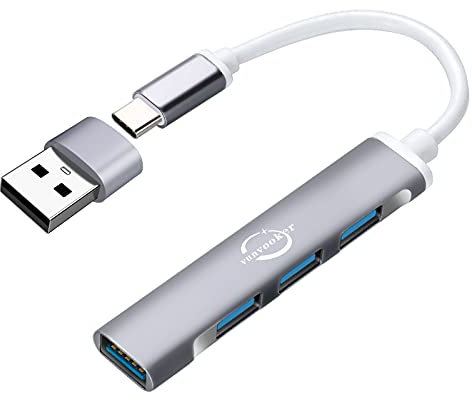 Vunvooker 4-Port Mini USB C Hub - 3 USB 2.0 and 1 USB 3.0 Adapter for MacBook Pro/Air, iMac, Surface Pro, XPS, PC - Ultra Slim Portable Data Transfer (Grey)