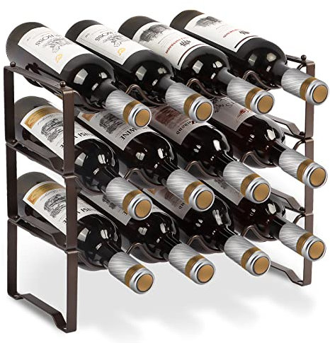 Scaffale per bottiglie di vino in metallo, impilabile, per 12 bottiglie per cantina, bar e magazzino, stabile e modulare espandibile e conservazione del vino (3 piani)