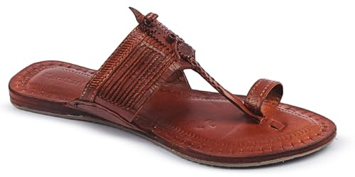 KORAKARI Kolhapuri Chappal Sandali eleganti fatti a mano in vera pelle, durevoli, lisci e confortevoli, antiscivolo, scarpe tradizionali, Giallo marrone, 38 EU