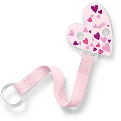 Nuk attache-sucette et clip, Pour les anneaux des sucettes, Robuste et incassable, 1 pièce cœur rose
