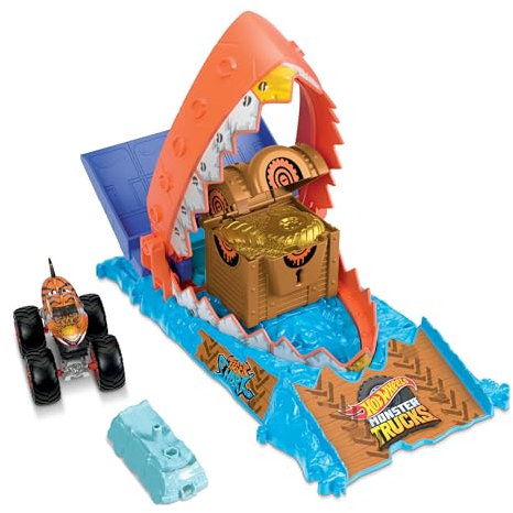 Hot Wheels Monster Trucks Arena Smashers Treasure Chomp Challenge Playset with 1:64 Scale Tiger Shark Toy Monster Truck & 1 Crushed Car, HTP17