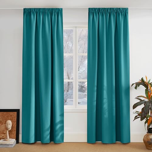 PONY DANCE Opaque Curtains with Ruffle Tape Set of 2 Pieces H 245 W 140 cm Thermal Curtain Cold for Living Room Opaque Blackout with Wrinkle Tape Turquoise