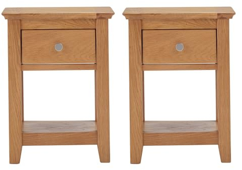 Hallowood Furniture Hereford Set of 2 Small Oak Lamp Table with Drawer and Lower Shelf, Wooden Side Table, Light Oak Plant Stand, Hallway, Living Room and Bedroom Furniture Set, Fully Assembled