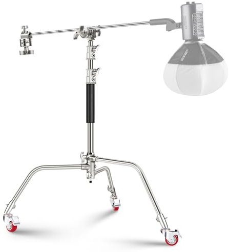 NEEWER Edelstahl Heavy Duty C Stand, C Stativ mit Lenkrollen, 110-186cm Fotografie Lichtstativ mit 83cm Auslegerarm, 2 Griffköpfe, Lichtständer für Studio Monolicht, Softbox, Reflektor, SC186W