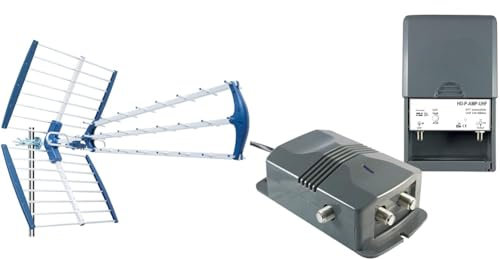 EDISION TALOS 18db Antenne Trinappe extérieure UHF 21-48 Terrestre, Filtre 5G LTE intégré & LEYF Amplificateur + Alimentation 2 Sorties TV pour antenne terrestre TNT/préamplificateur HDTV