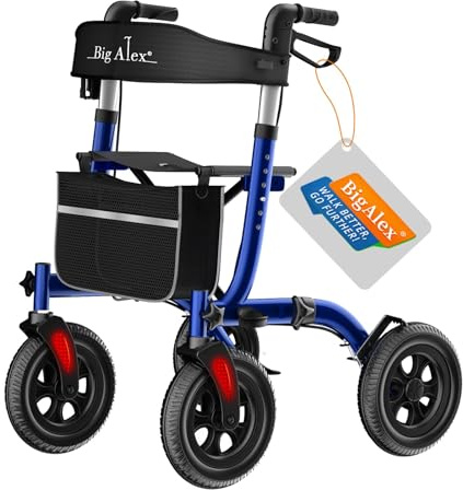 BigAlex Rollator Walker with Seat, Walker for Seniors with Wider Seat,Folding Rolling Walkers with 10 All-Terrain Wheels,Lightweight Aluminum Walkers Rollator with Backrest,Cup Holder,Blue