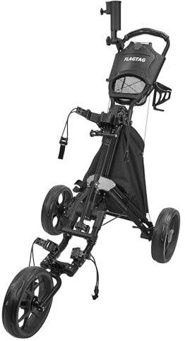 FLAGTAG Golf Push Cart 3 Wheel,Foldable Golf Push Cart,Golf Bag Cart with Foot Brake,Umbrella Holder, Cup Holder, Storage Compartment