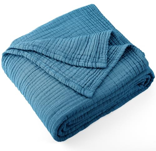 Carriediosa 100% Cotton Muslin Throw Blanket 108 X 90 King Size，4-Layers Summer Gauze Throws for Bed Couch，Soft Lightweight Breathable Linen Blankets Bedspread for Adults All Season，Dusty Blue