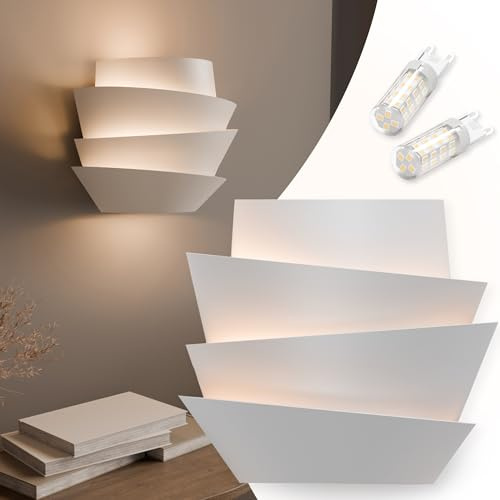 charlique® Applique murale intérieure, blanche, lampe murale design Wave Light avec 2 ampoules LED G9, éclairage mural pour salon, chambre à coucher, couloir, cage d'escalier, …